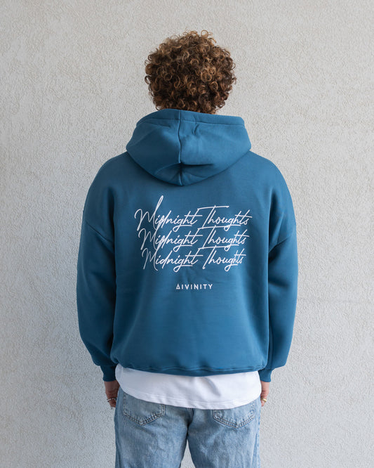 Midnight Thoughts Script Hoodie Petrol Blue